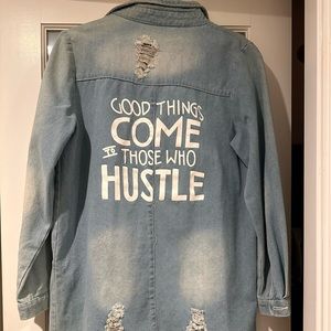 SHASHAFUSHI Women's Small Long Jean Jacket Good Things Come to Those Who Hustle